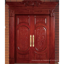 Puerta de madera sólida doble de alta calidad rojo marrón con talla